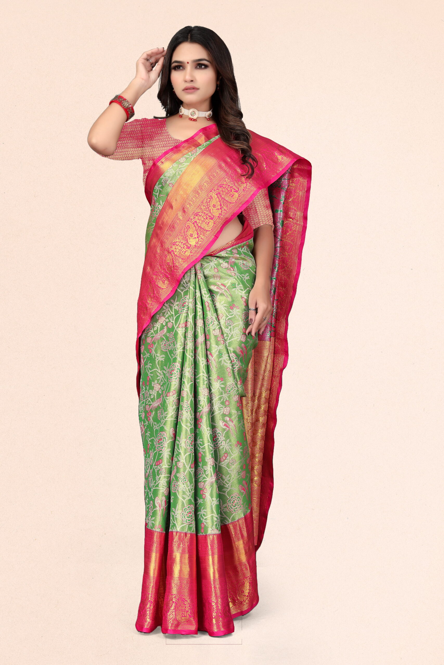 Dharmavaram pattu saree in Parrot Green & Rani Pink with Gold Zari Weaving - Image 2