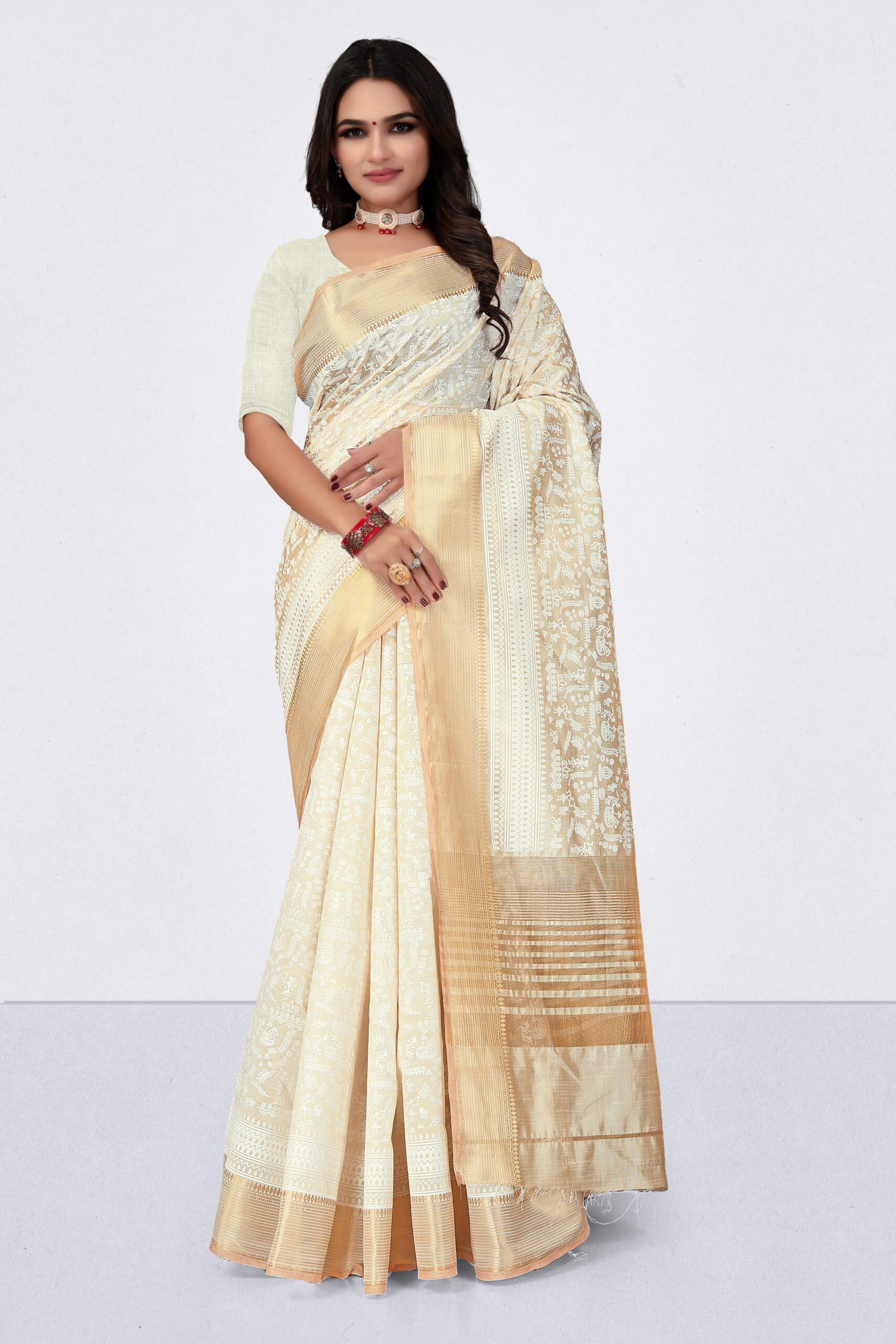 Tussar Khadi Print Saree in Ivory & Gold with Zari Border