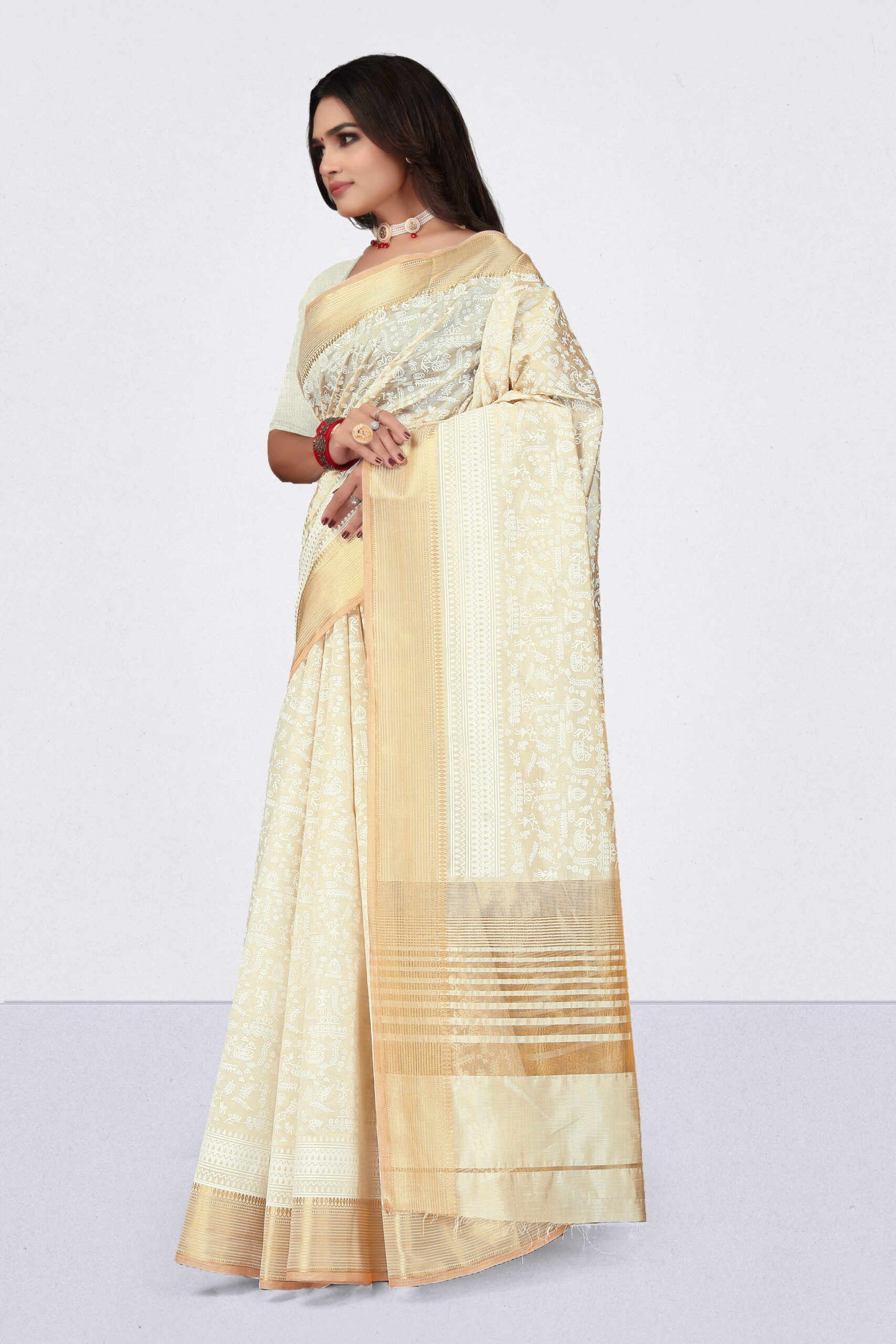 Tussar Khadi Print Saree in Ivory & Gold with Zari Border - Image 3