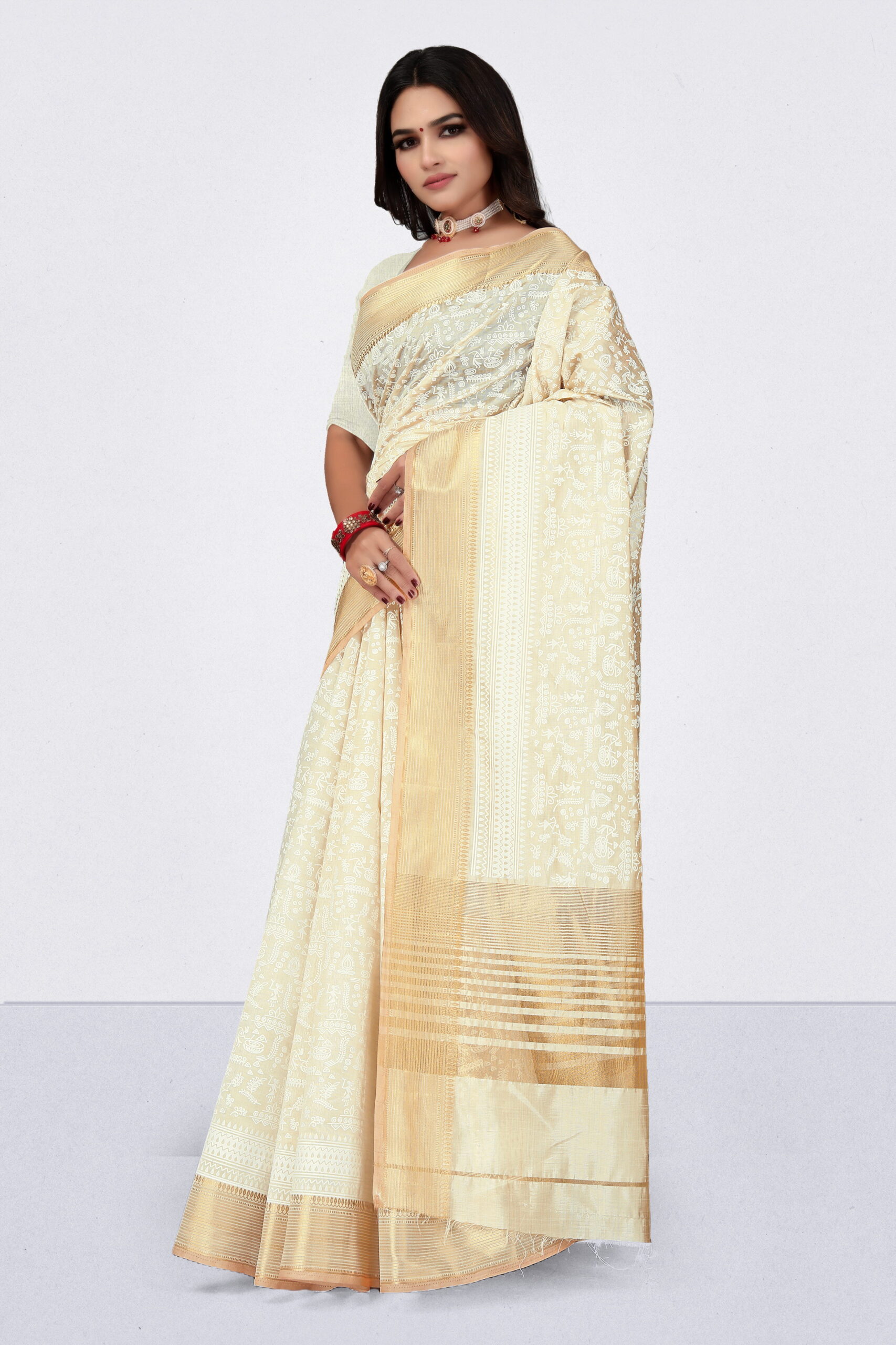 Tussar Khadi Print Saree in Ivory & Gold with Zari Border - Image 2