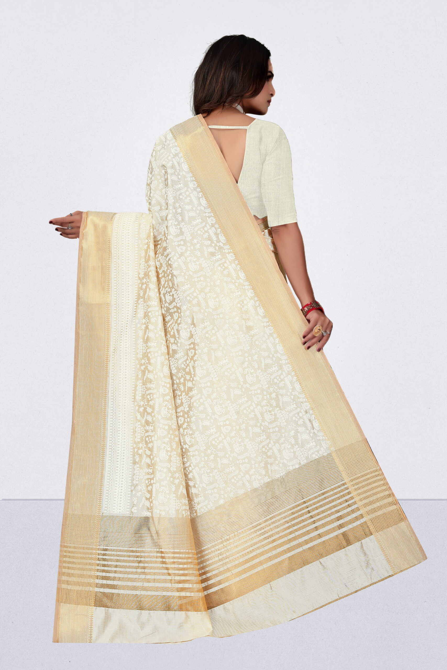 Tussar Khadi Print Saree in Ivory & Gold with Zari Border - Image 4