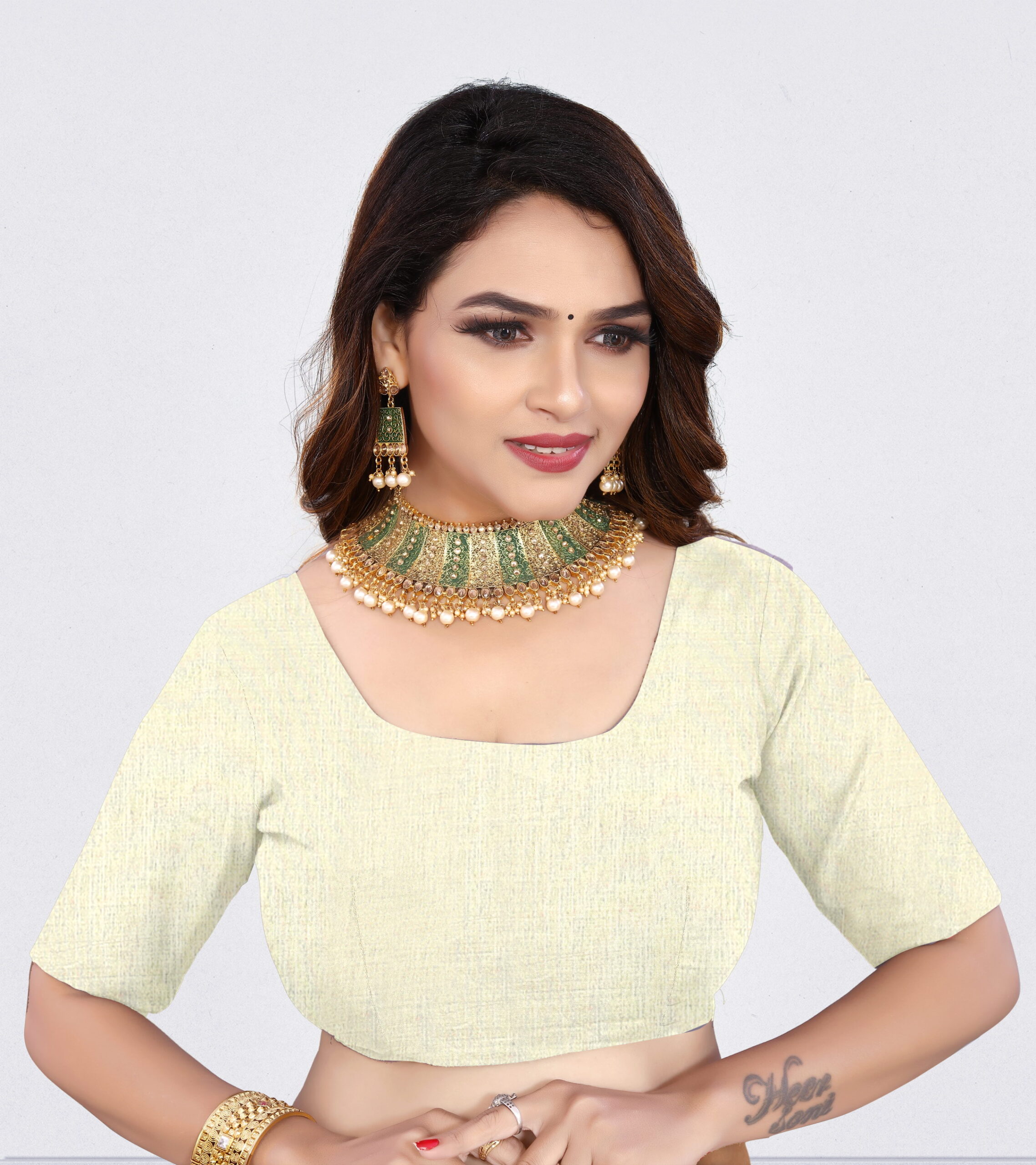 Tussar Khadi Print Saree in Ivory & Gold with Zari Border - Image 5