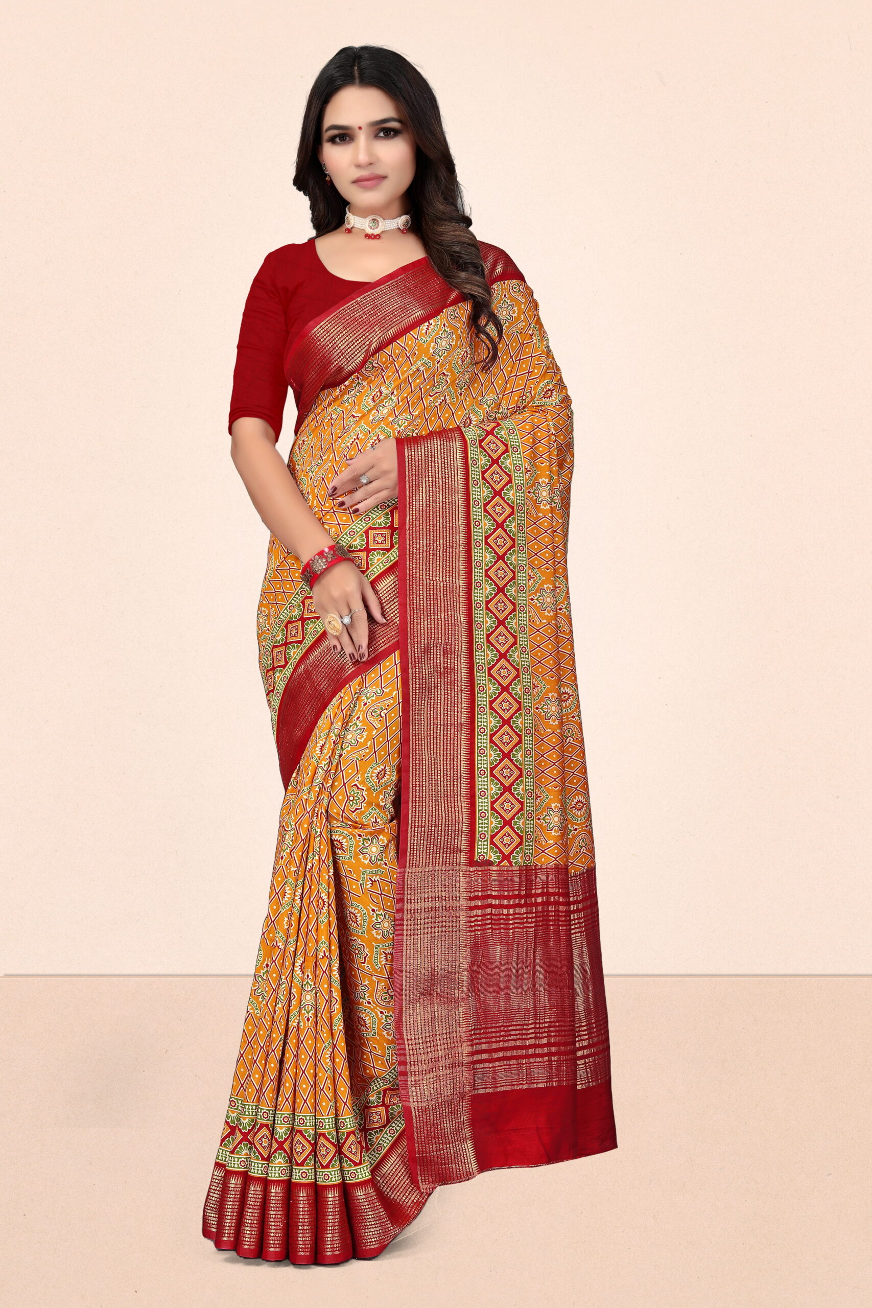 Printed Viscose Muslin Saree in Mustard Yellow & Maroon with Chit Pallu