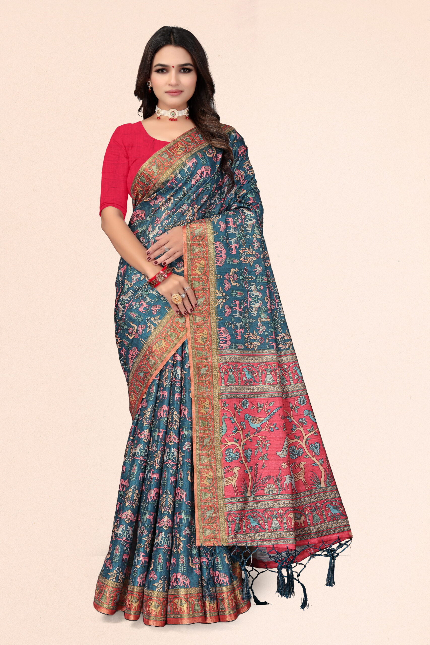 Tussar Digital Print Saree in Teal Blue & Red with Ethnic Animal Motif Pallu