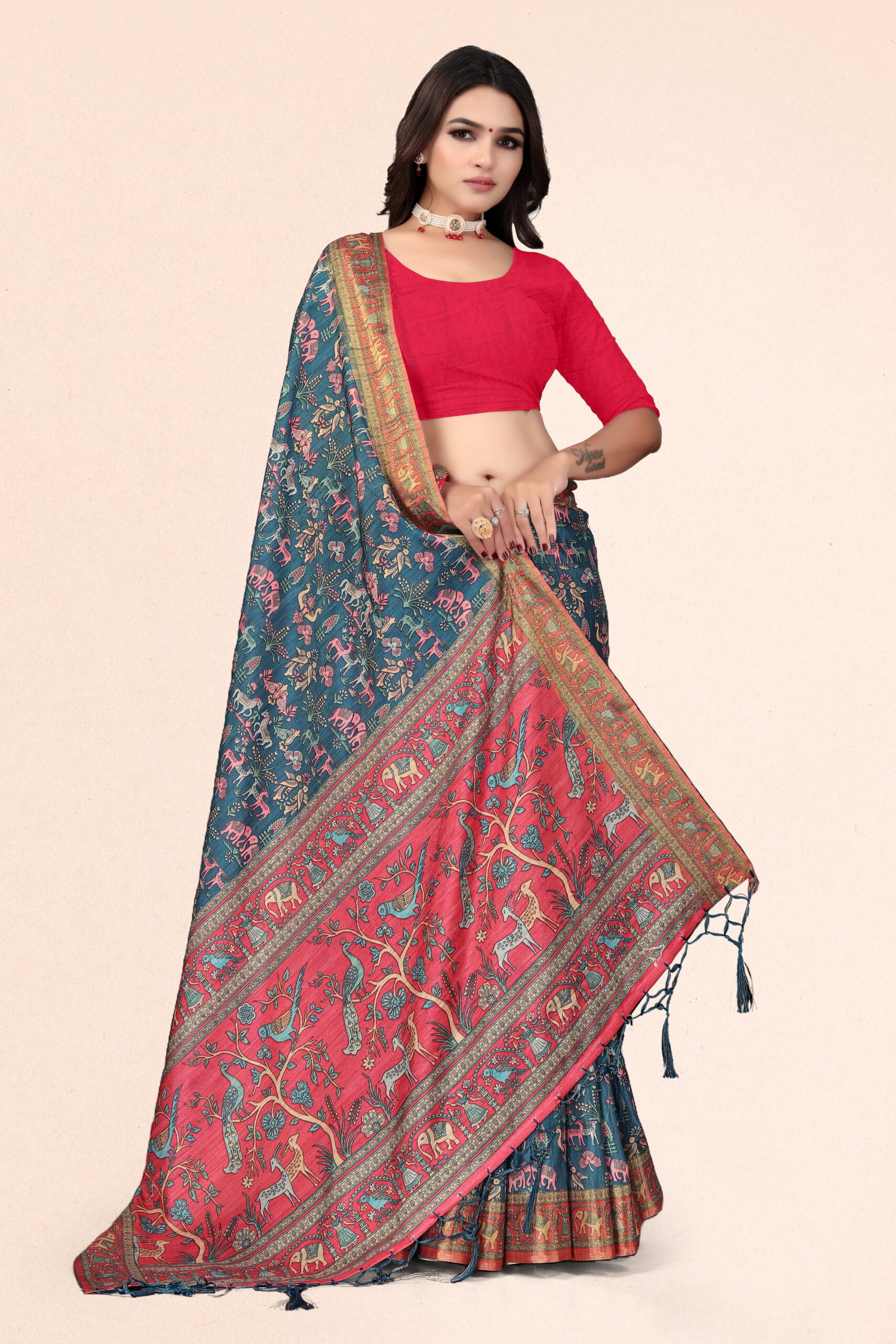 Tussar Digital Print Saree in Teal Blue & Red with Ethnic Animal Motif Pallu - Image 3