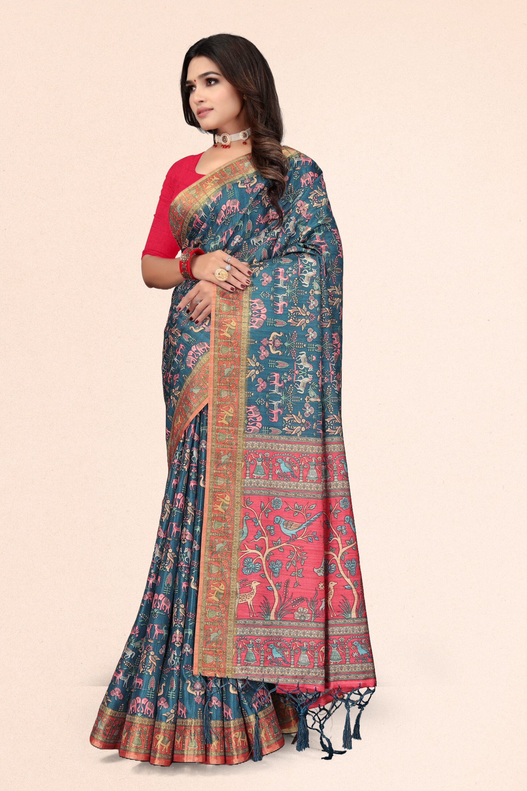 Tussar Digital Print Saree in Teal Blue & Red with Ethnic Animal Motif Pallu - Image 2