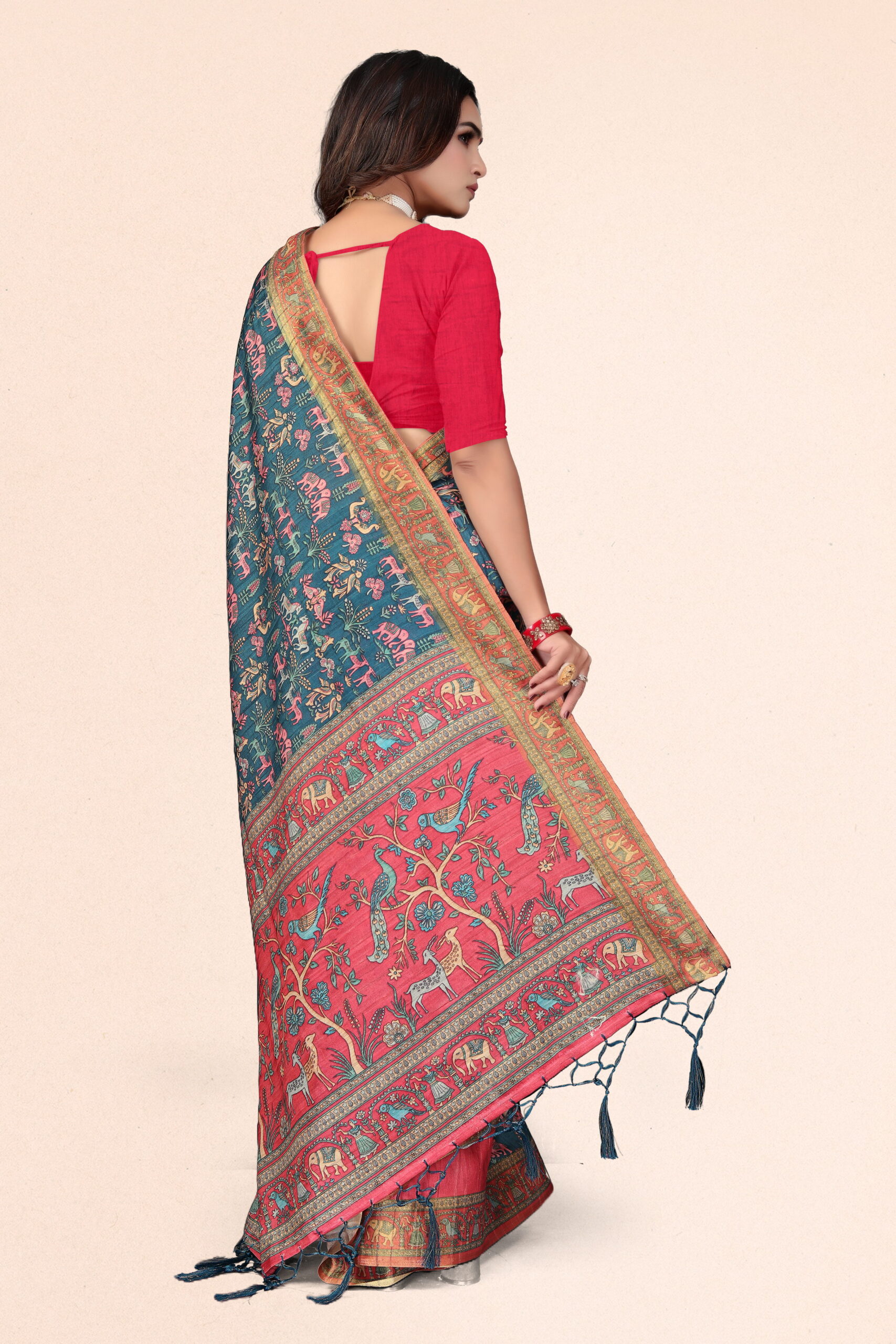 Tussar Digital Print Saree in Teal Blue & Red with Ethnic Animal Motif Pallu - Image 4
