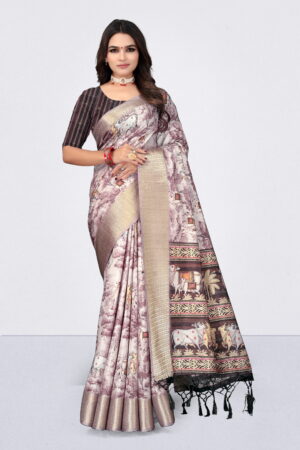Russian Digital Print Saree in Mauve & Black with Ethnic Cow Motif Pallu