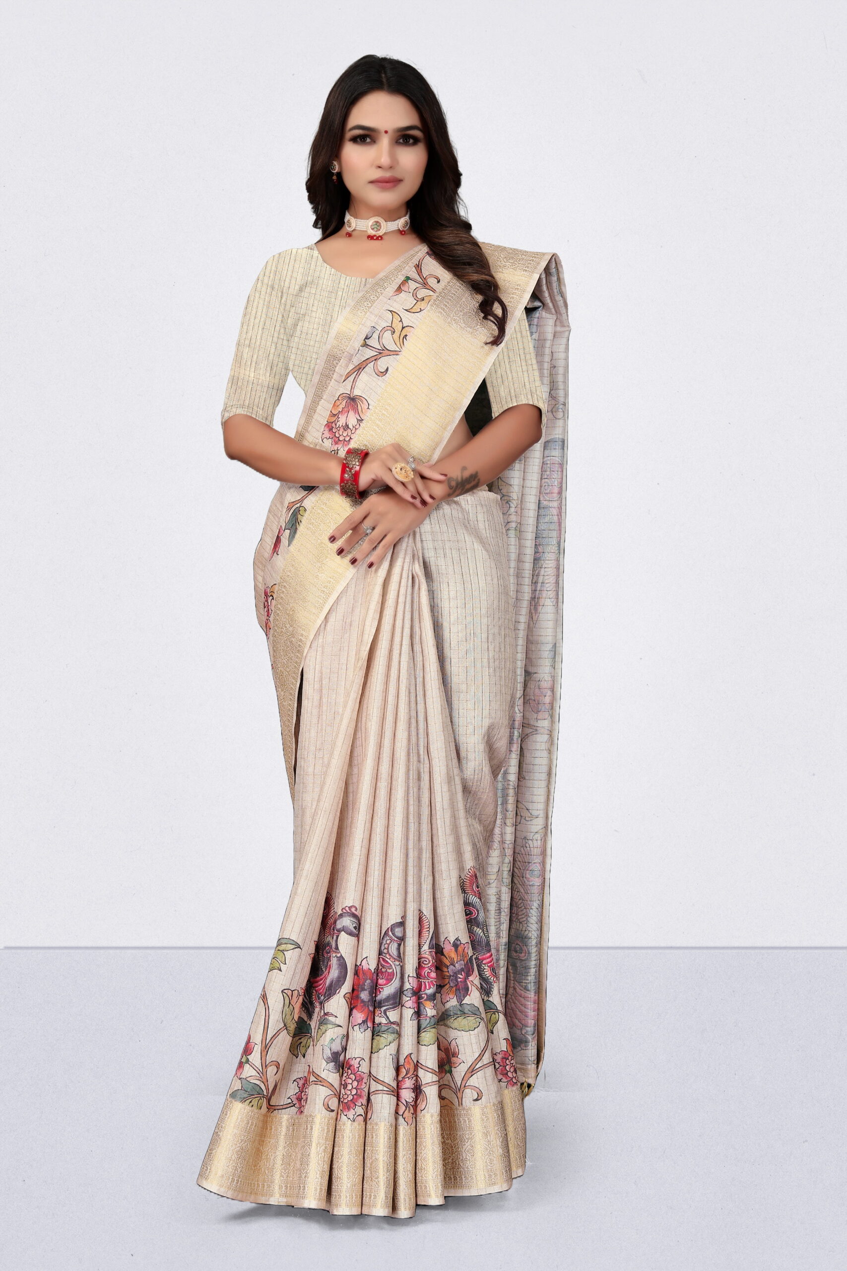 Elegant Russian Chex Saree in Cream Beige with Floral Digital Print - Image 3