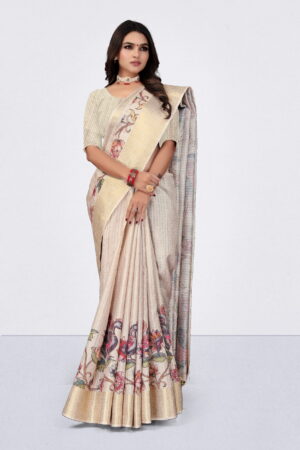 Elegant Russian Chex Saree in Cream Beige with Floral Digital Print