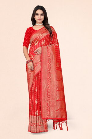 Crepe Georgette Saree in Classic Red with Rich Golden Zari Woven Pallu