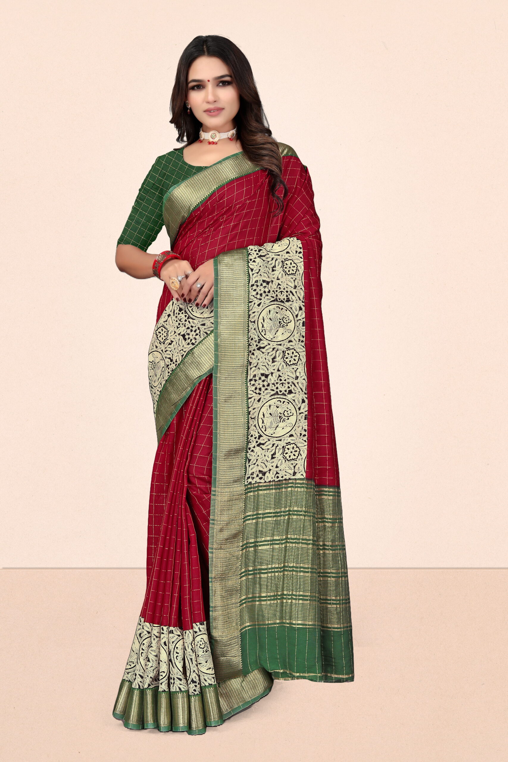 Viscose Jari Chex Saree in Maroon & Green with Chit Pallu - Image 2