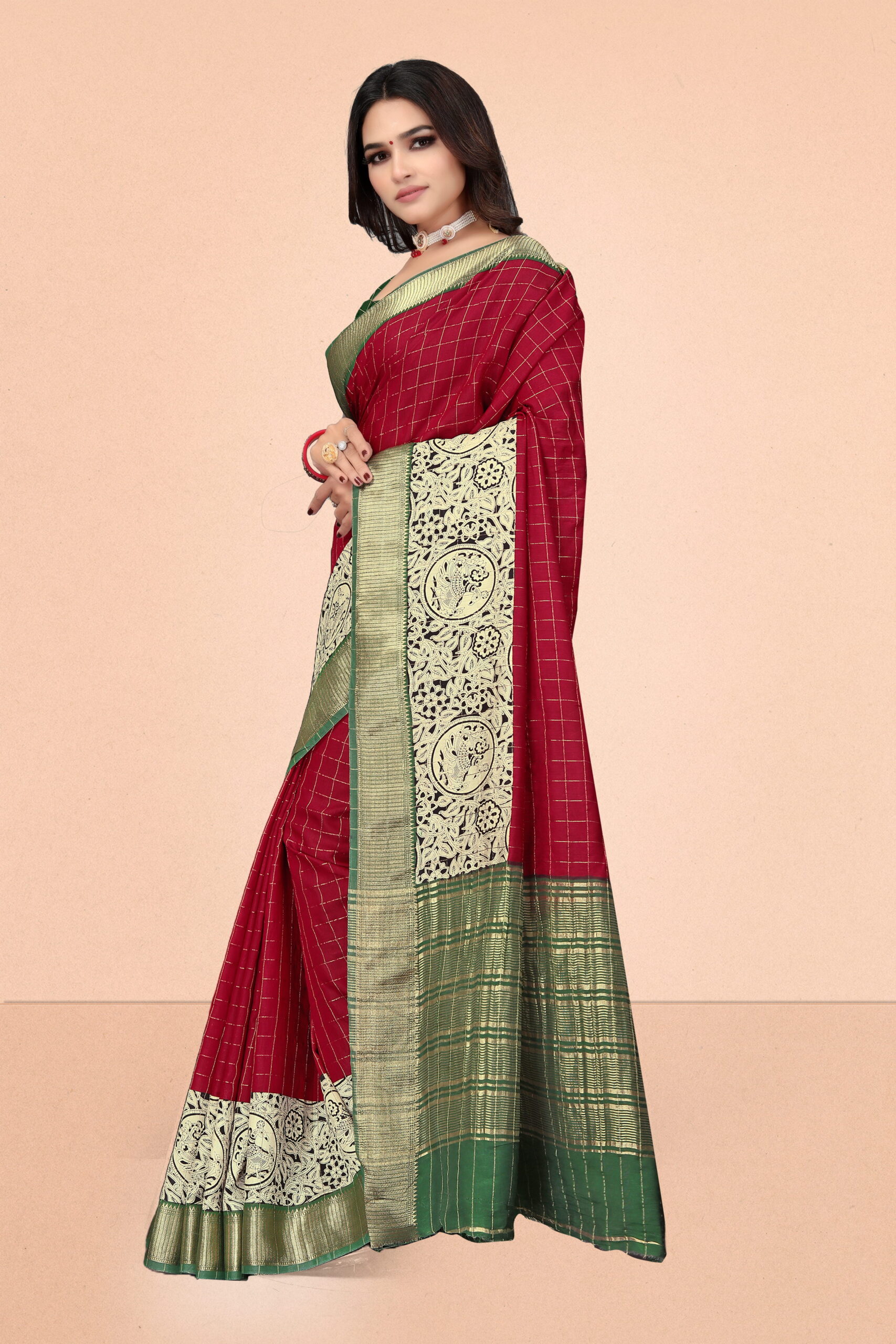 Viscose Jari Chex Saree in Maroon & Green with Chit Pallu - Image 3