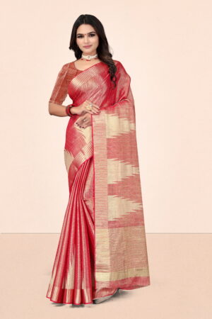 Linen Jari Tissue Saree in Coral Red with Golden Geometric Pallu
