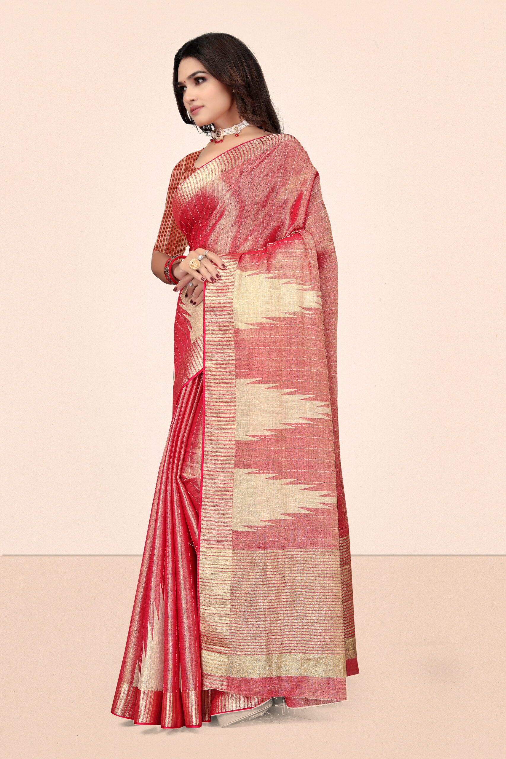 Linen Jari Tissue Saree in Coral Red with Golden Geometric Pallu - Image 2