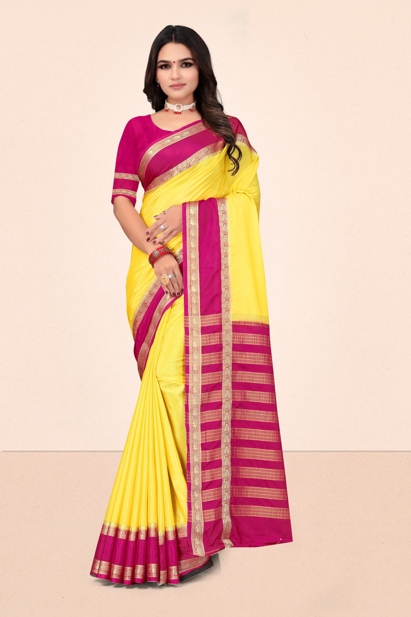 Mysore Crepe Dyed Saree in Bright Yellow & Magenta with Zari Border