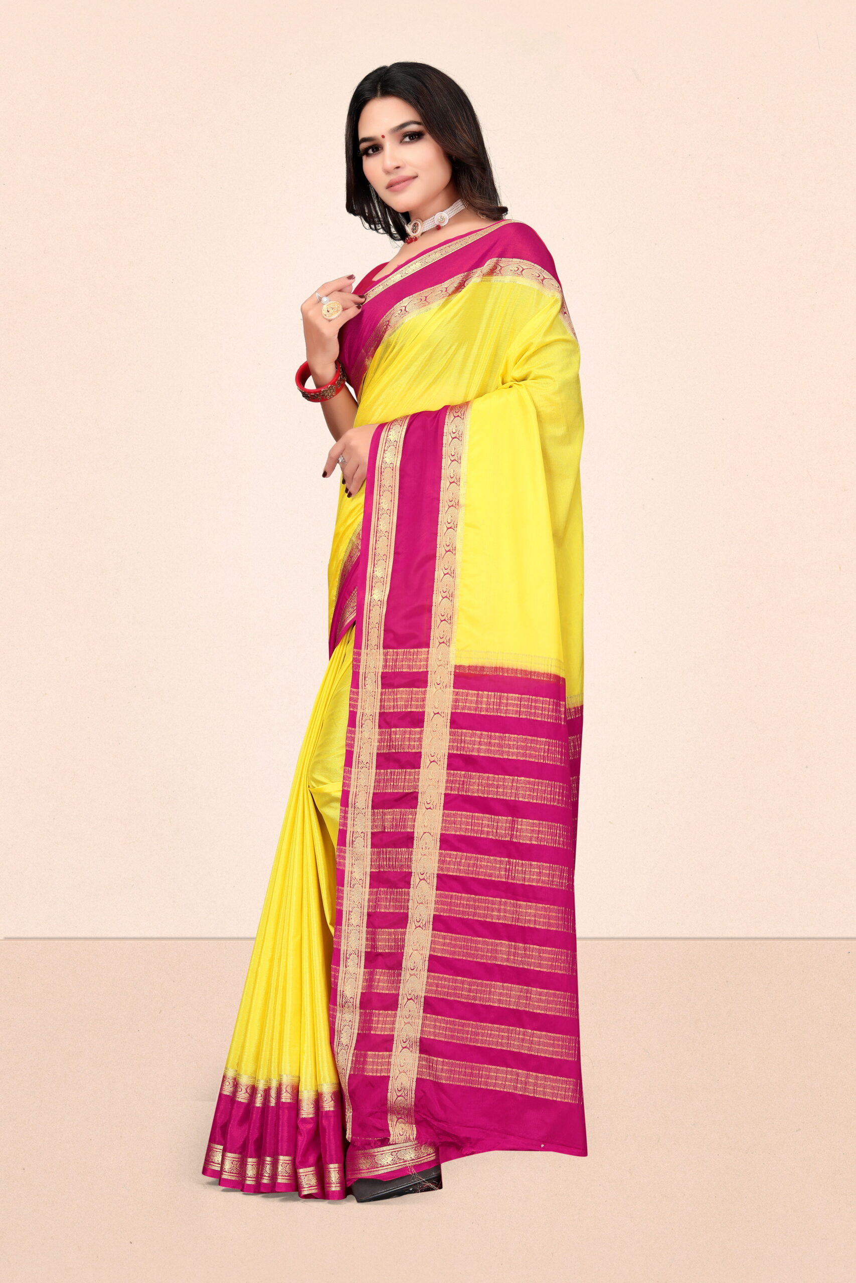 Mysore Crepe Dyed Saree in Bright Yellow & Magenta with Zari Border - Image 2