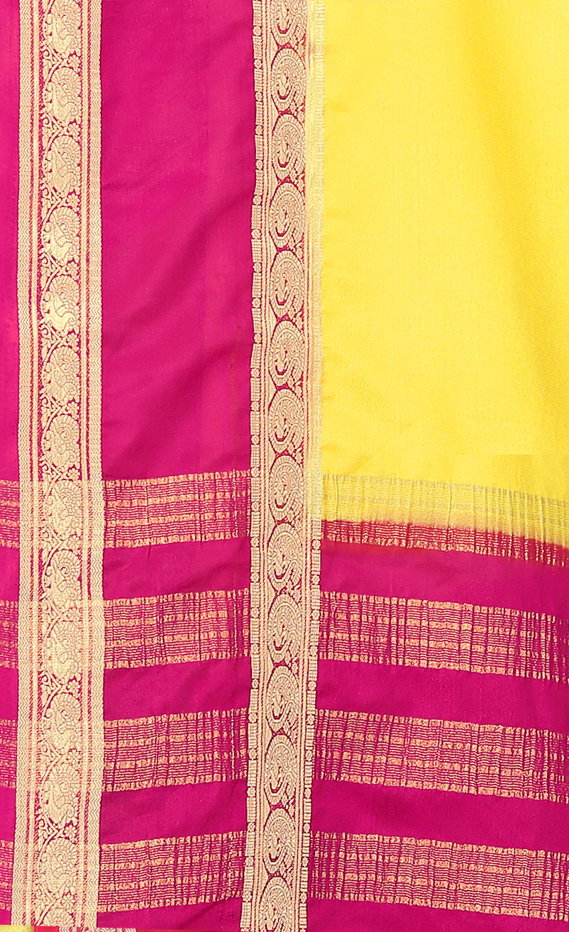 Mysore Crepe Dyed Saree in Bright Yellow & Magenta with Zari Border - Image 5