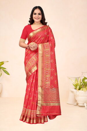 Tusser Silk Chit Pallu Saree in Red with Golden Zari Border & Ethnic Motifs