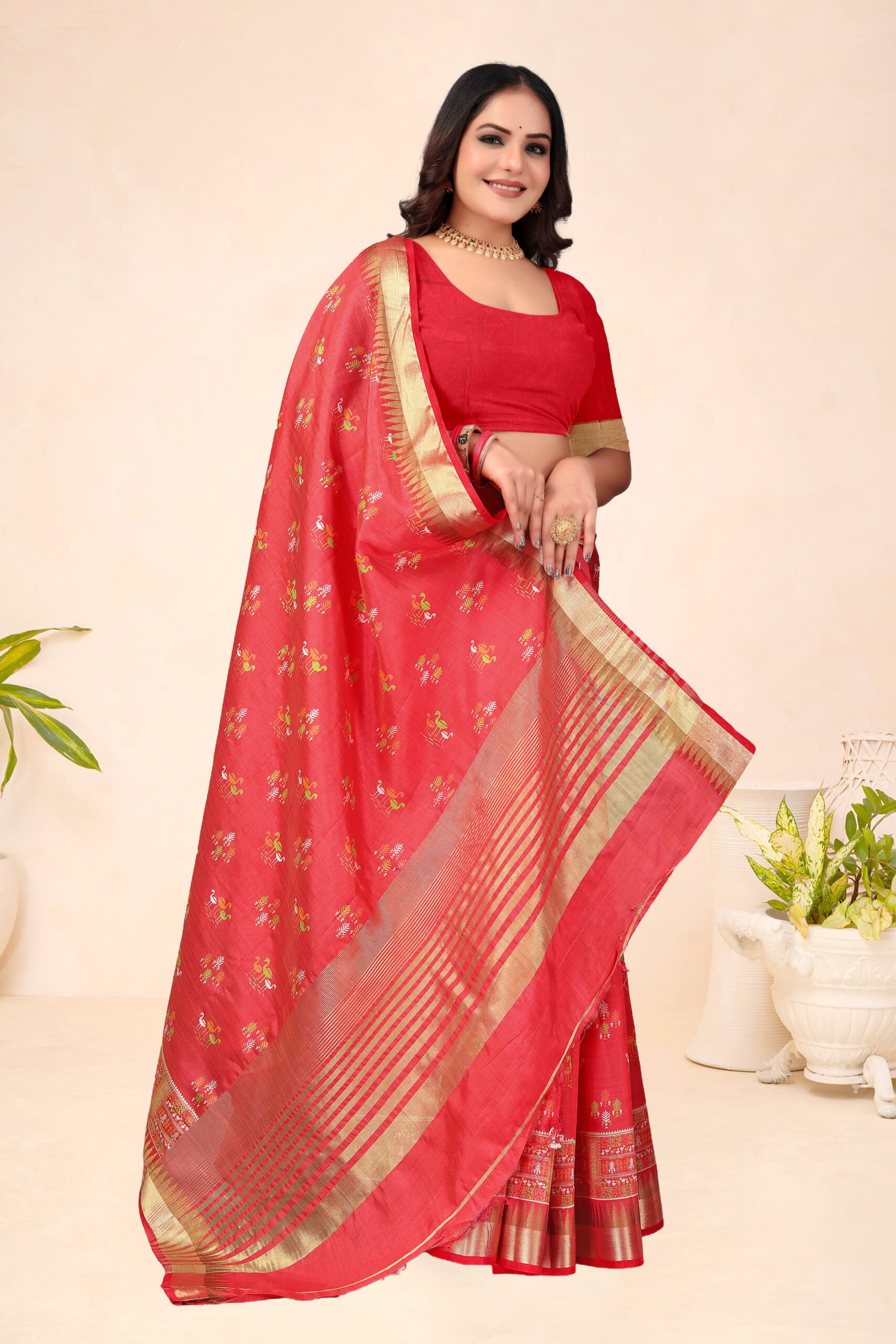 Tusser Silk Chit Pallu Saree in Red with Golden Zari Border & Ethnic Motifs - Image 3