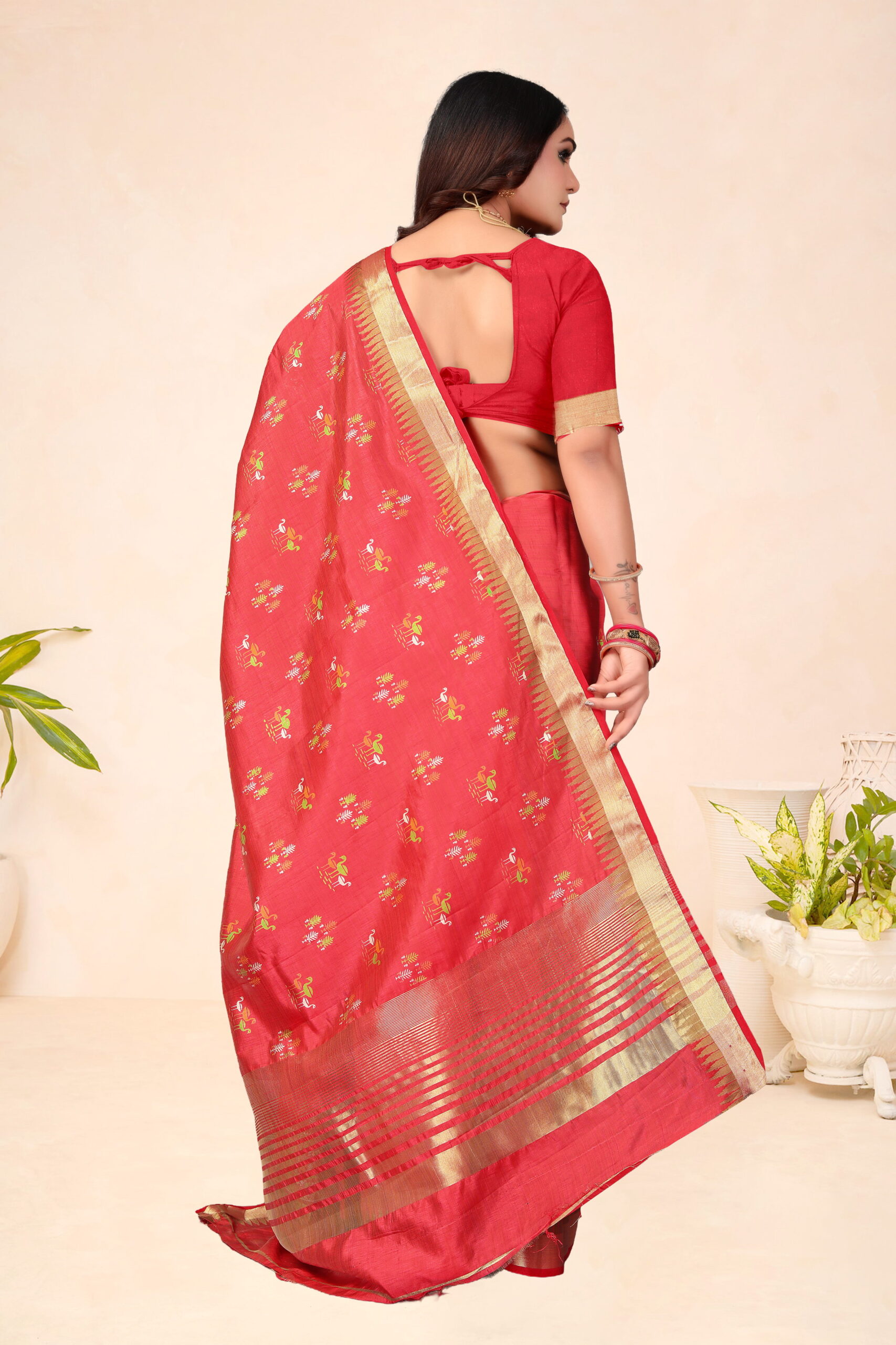 Tusser Silk Chit Pallu Saree in Red with Golden Zari Border & Ethnic Motifs - Image 2