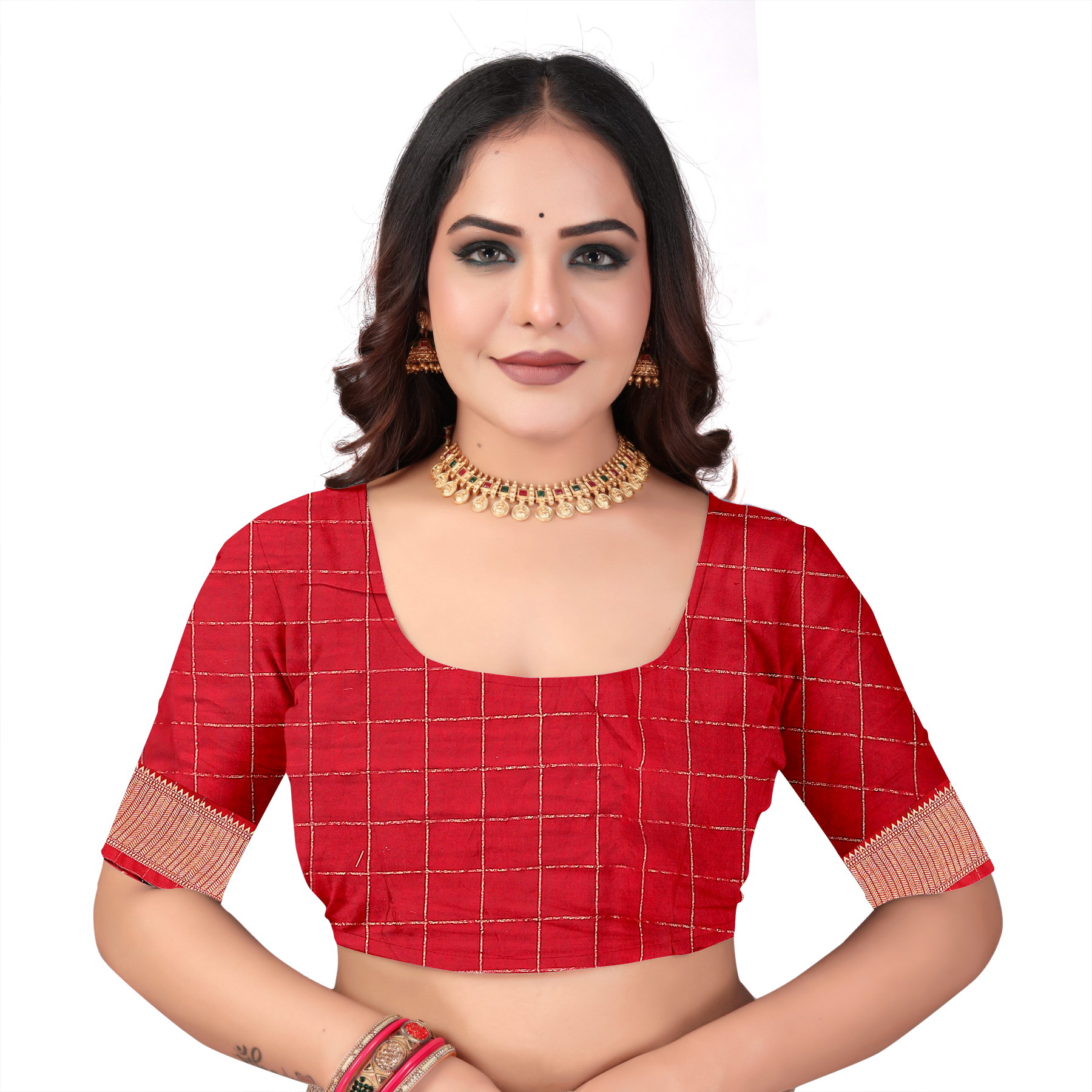 Viscose Muslin Chex Saree with Red Chit Pallu & Ikat Pattern – Navy Blue - Image 5