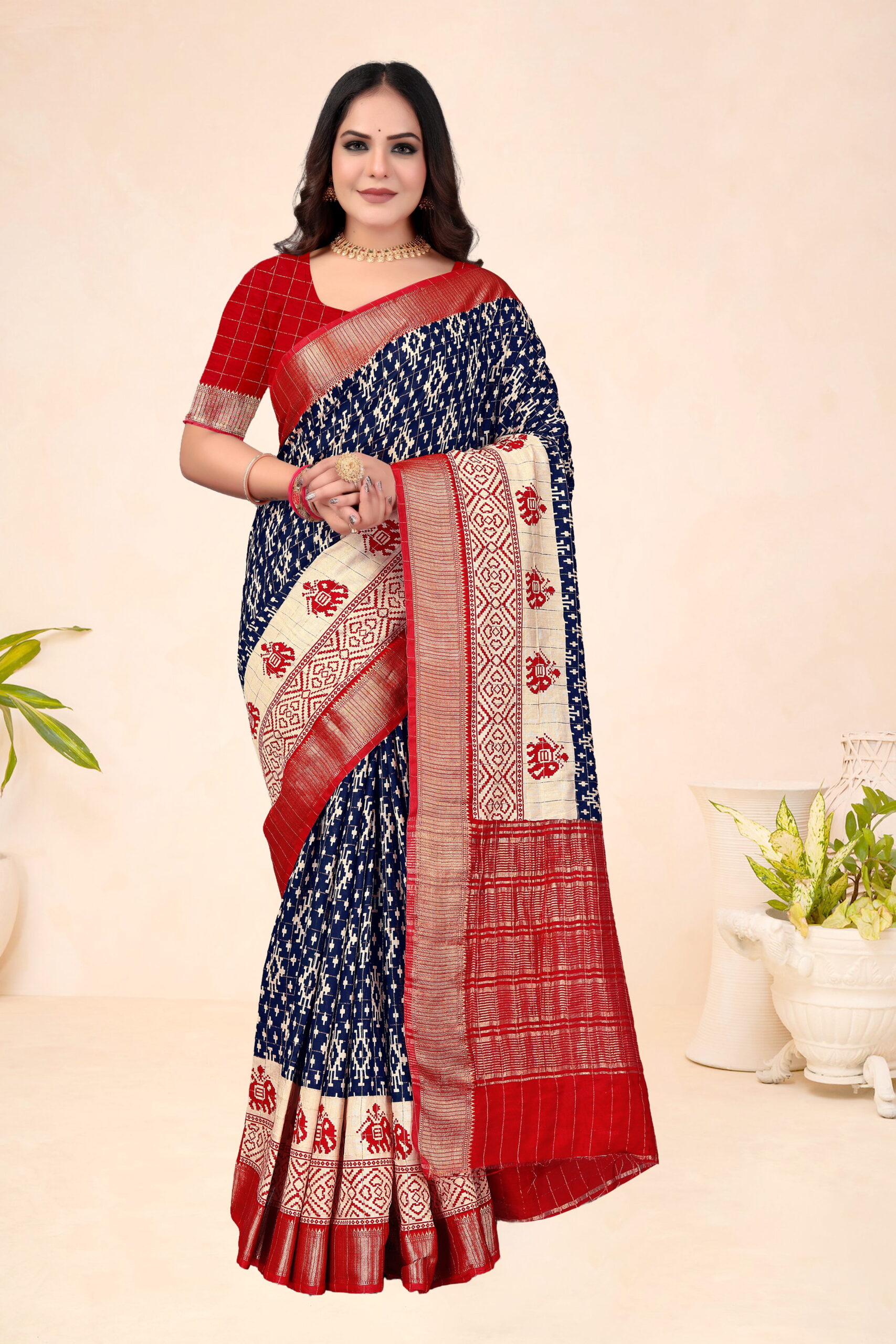 Viscose Muslin Chex Saree with Red Chit Pallu & Ikat Pattern – Navy Blue