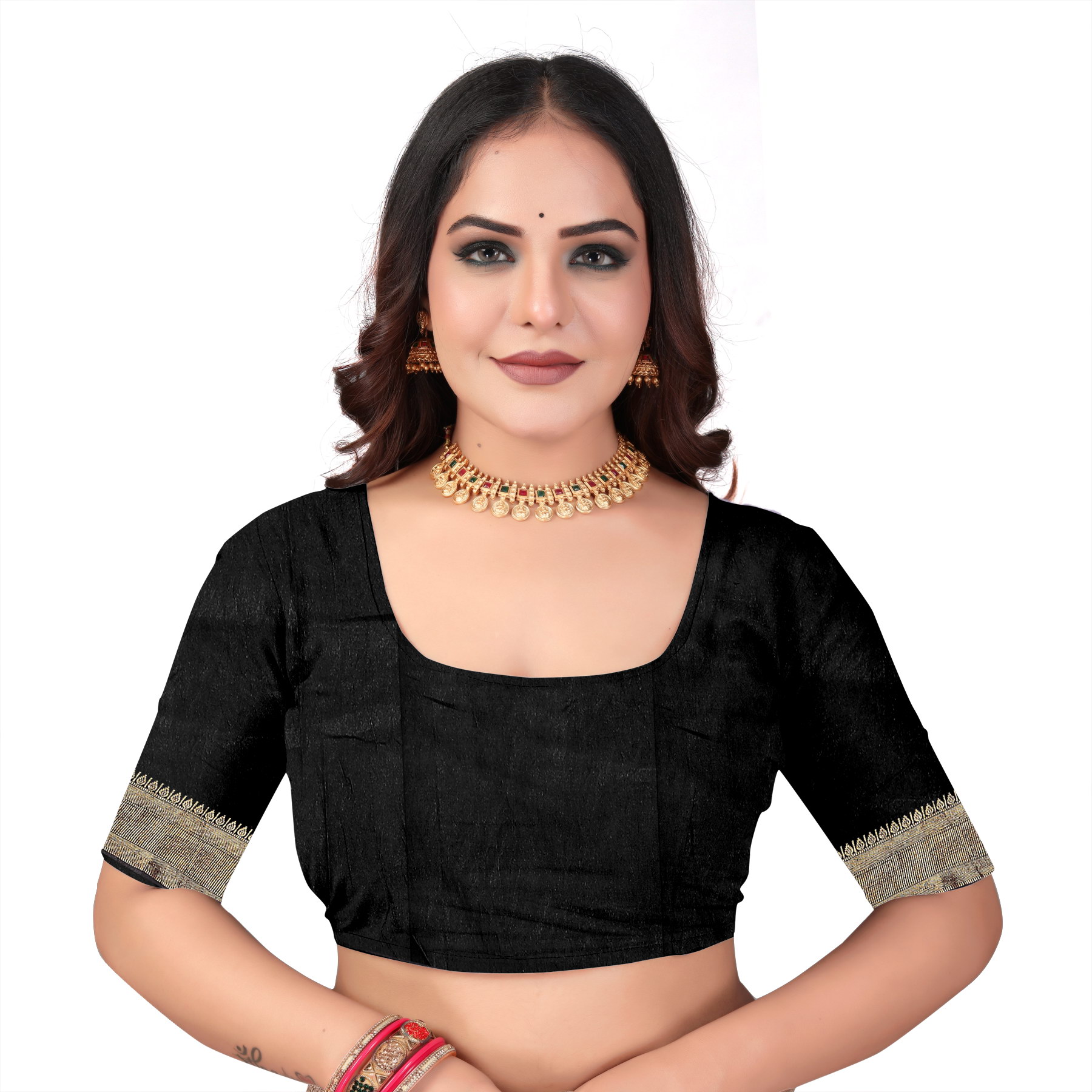 Viscose Muslin Chit Pallu Saree with Ethnic Red & Black Tribal Print - Image 5