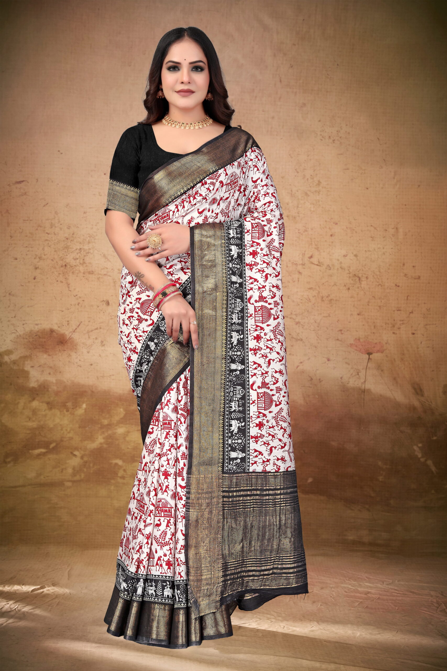 Viscose Muslin Chit Pallu Saree with Ethnic Red & Black Tribal Print