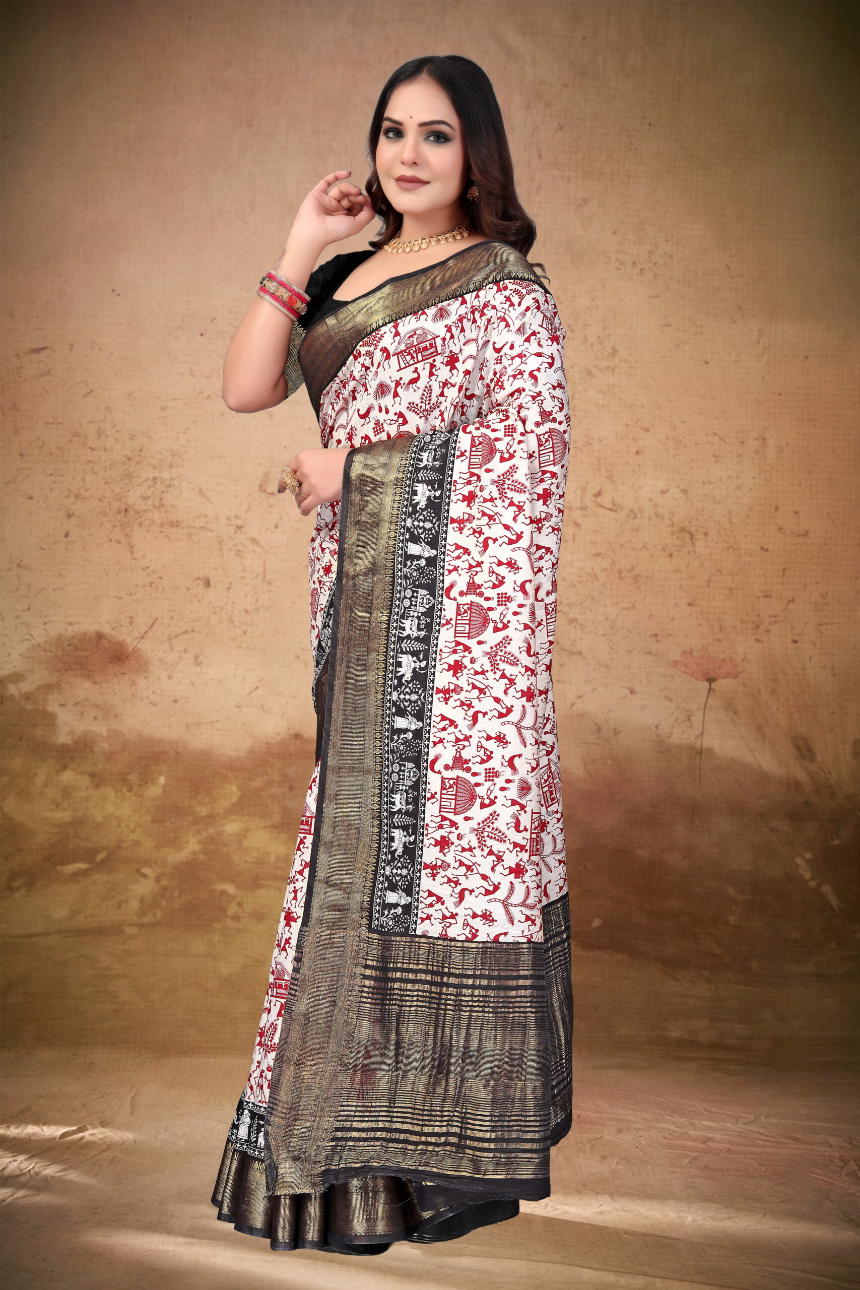 Viscose Muslin Chit Pallu Saree with Ethnic Red & Black Tribal Print - Image 2