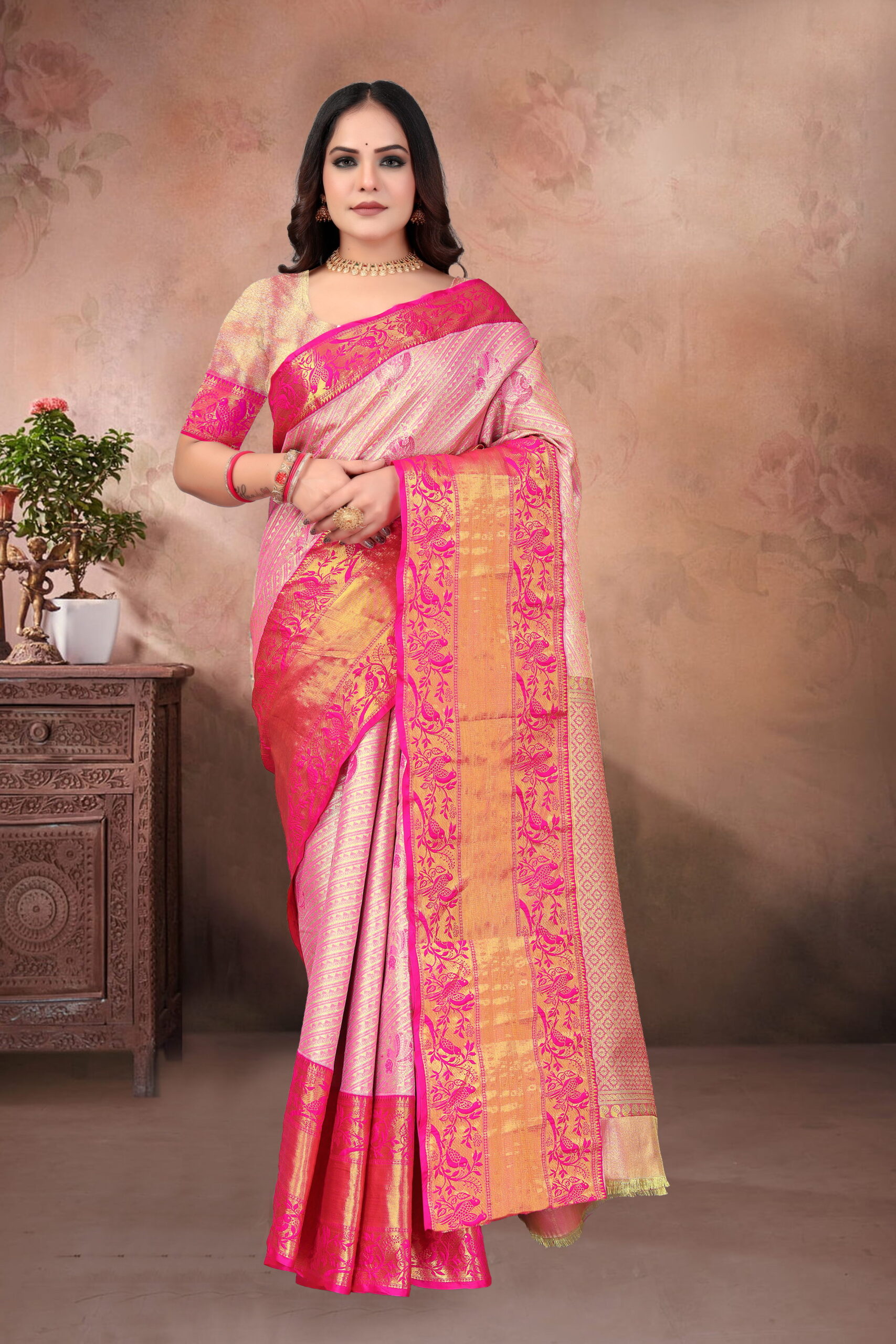 Dharmavaram Pattu Silk Saree in Rose Pink & Gold with Traditional Zari Weave