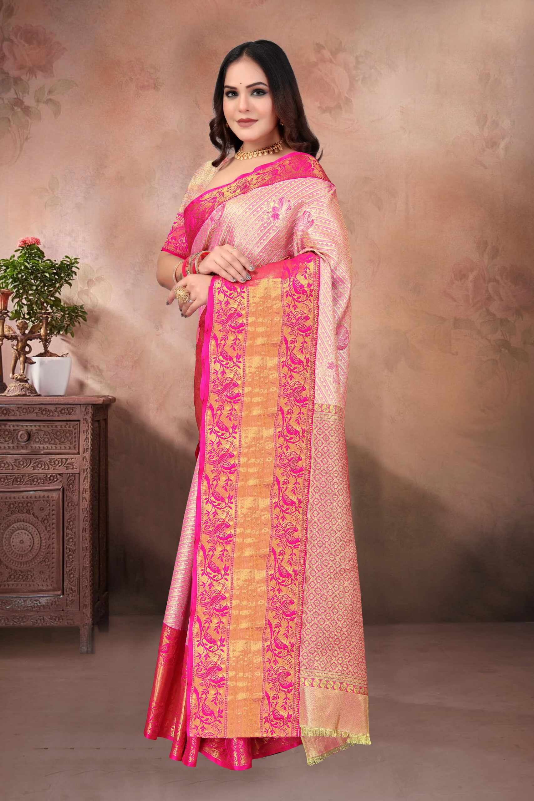Dharmavaram Pattu Silk Saree in Rose Pink & Gold with Traditional Zari Weave - Image 3