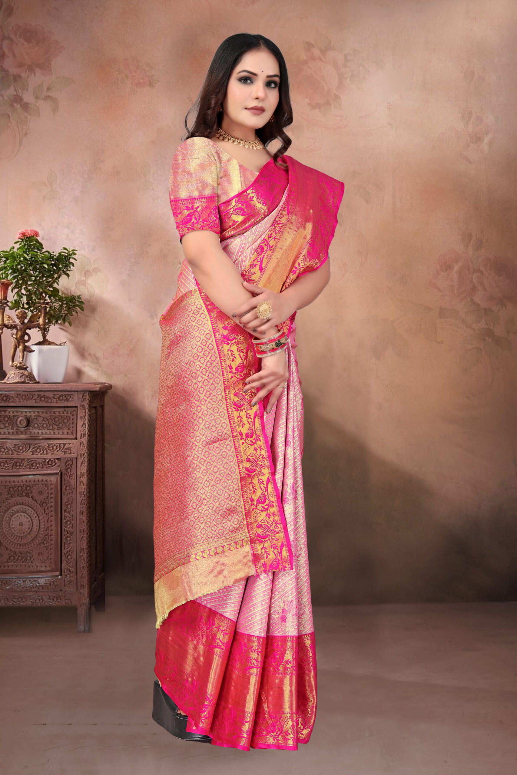 Dharmavaram Pattu Silk Saree in Rose Pink & Gold with Traditional Zari Weave - Image 2