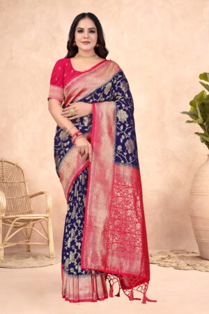 Royal Blue & Rani Pink Crepe Georgette Saree with Rich Zari Floral Weave & Tassel Pallu