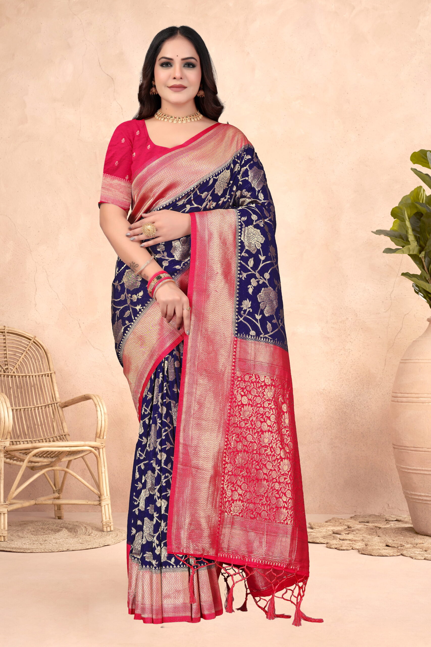 Royal Blue & Rani Pink Crepe Georgette Saree with Rich Zari Floral Weave & Tassel Pallu