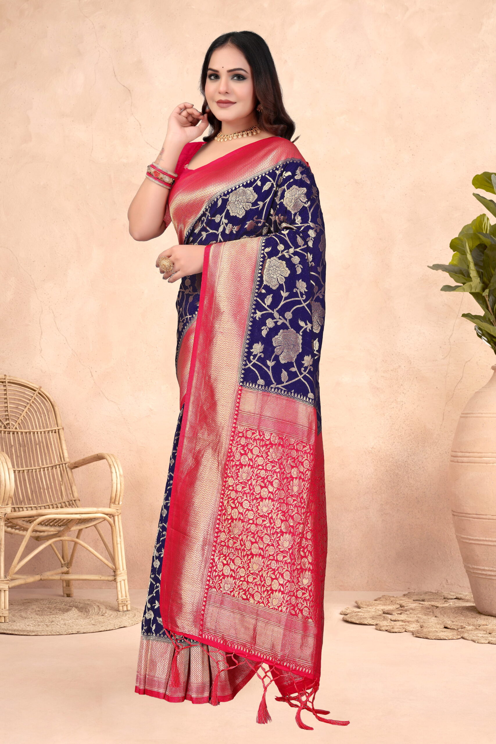 Royal Blue & Rani Pink Crepe Georgette Saree with Rich Zari Floral Weave & Tassel Pallu - Image 2