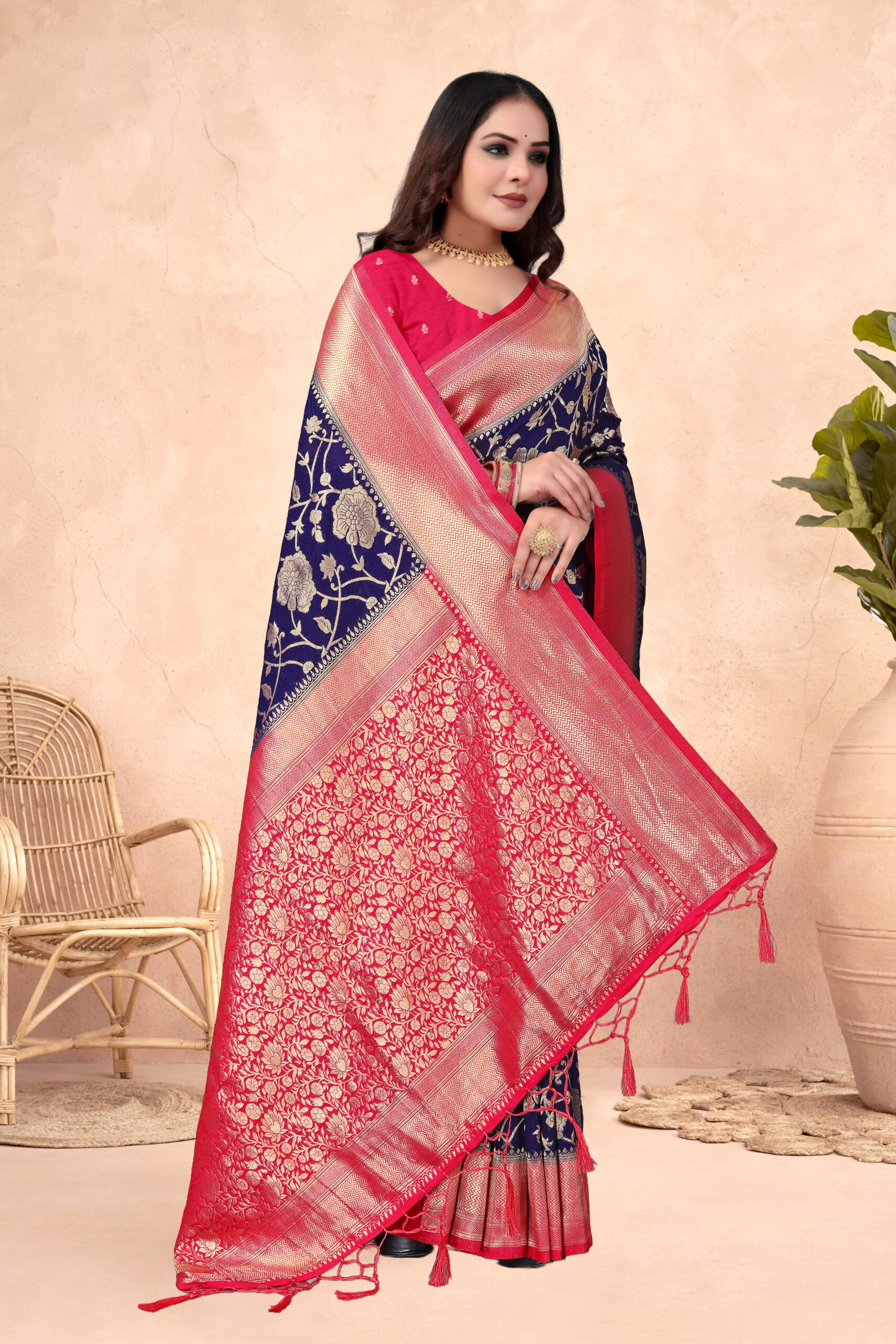 Royal Blue & Rani Pink Crepe Georgette Saree with Rich Zari Floral Weave & Tassel Pallu - Image 3