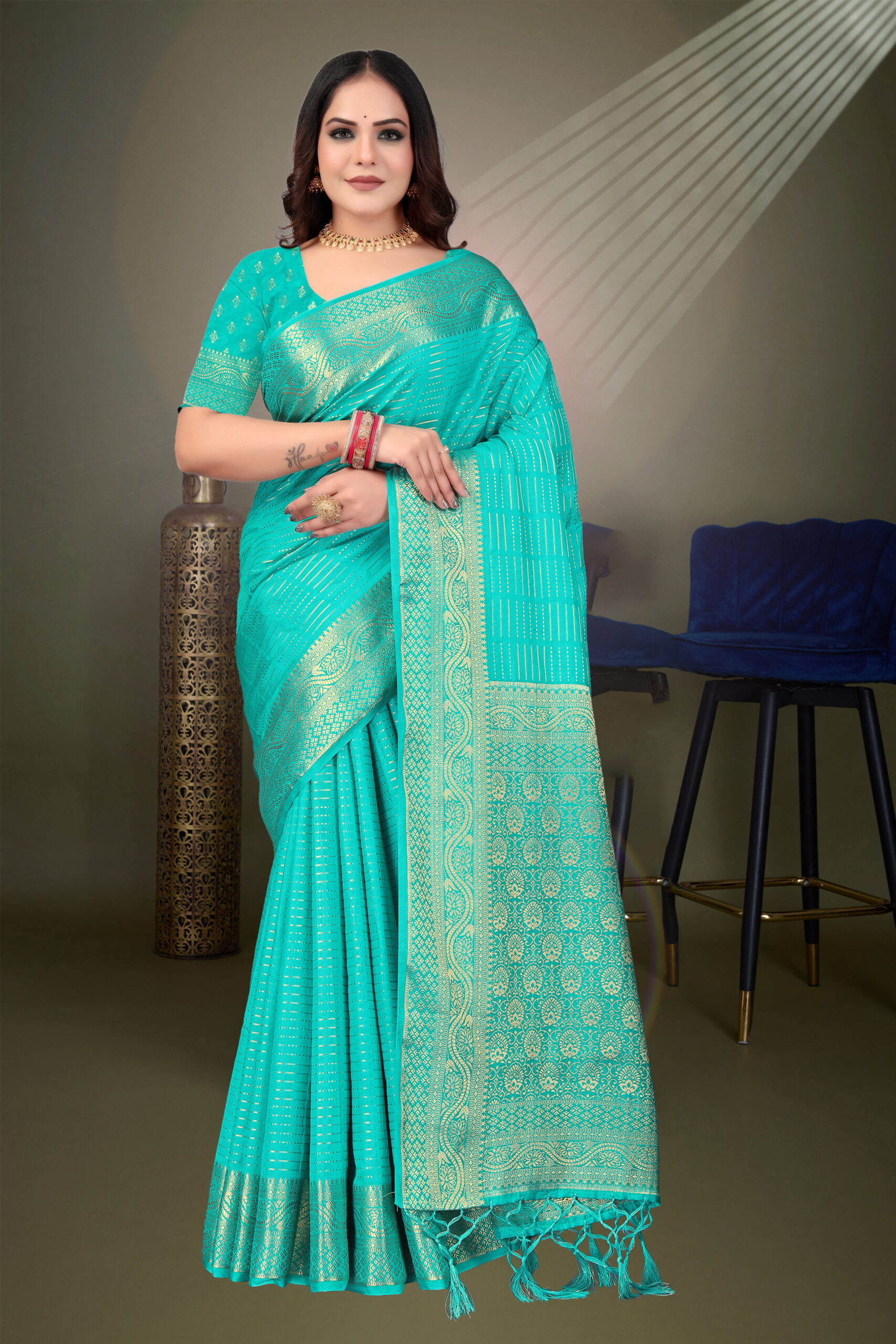 Russian Katha Weave Saree in Sea Green with Rich Golden Pallu