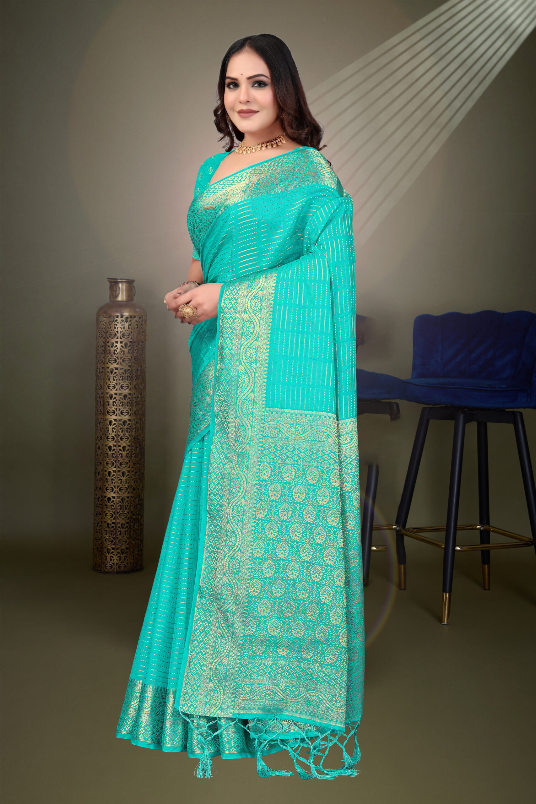 Russian Katha Weave Saree in Sea Green with Rich Golden Pallu - Image 4
