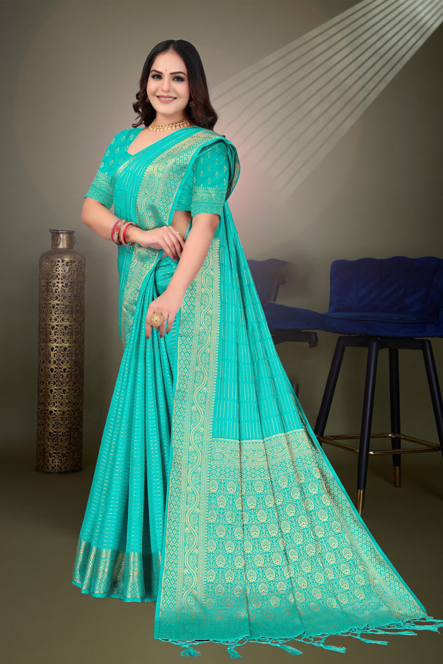 Russian Katha Weave Saree in Sea Green with Rich Golden Pallu - Image 2