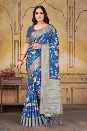 Royal Blue Matka Silk Saree with Rich Woven Pallu & Floral Design