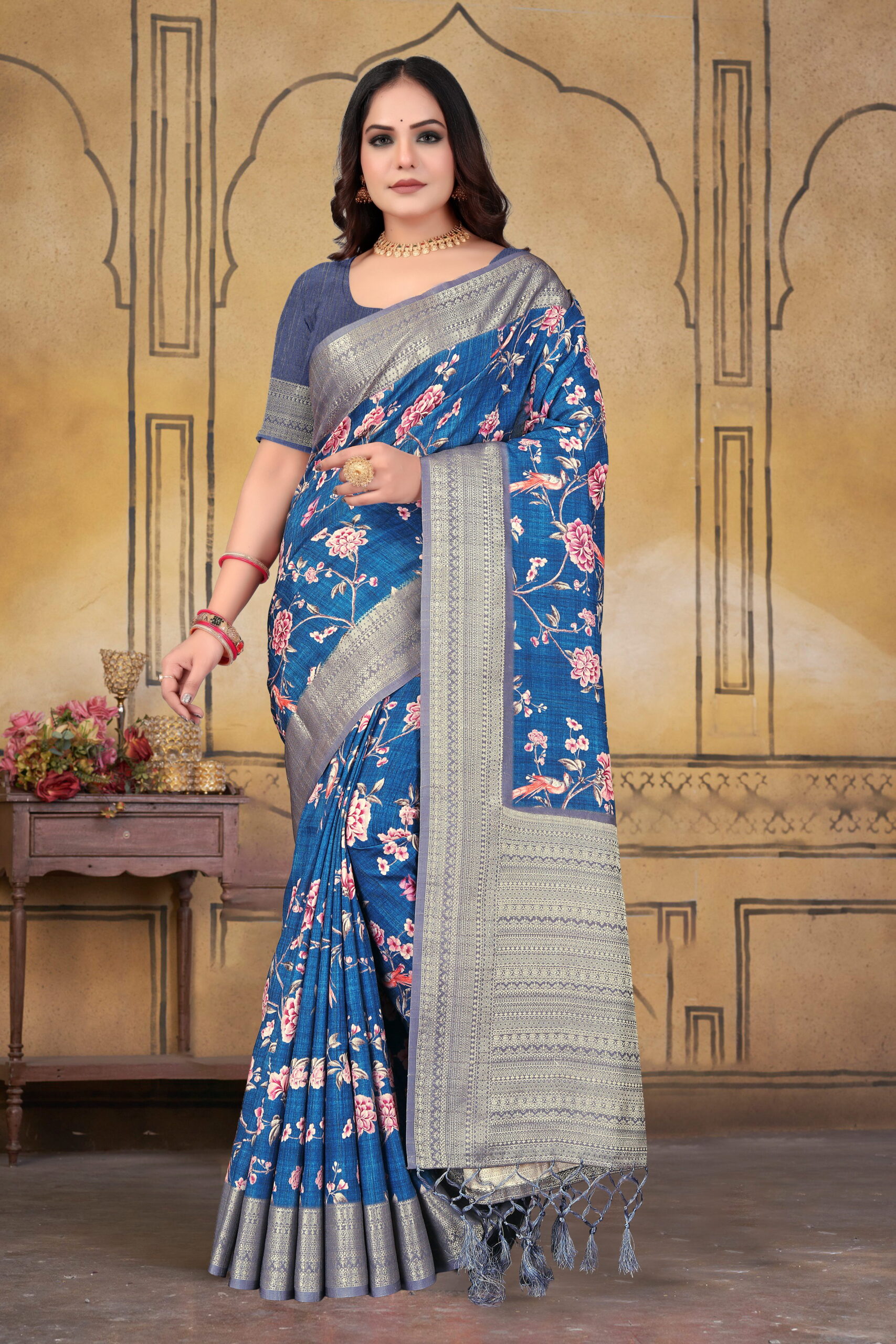 Royal Blue Matka Silk Saree with Rich Woven Pallu & Floral Design