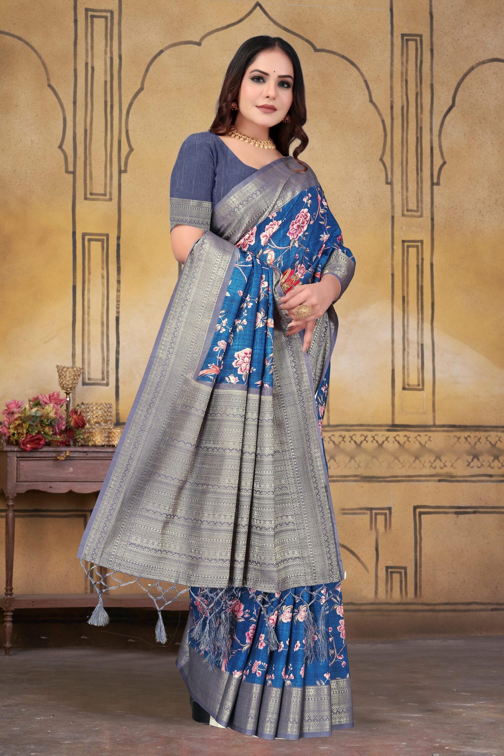 Royal Blue Matka Silk Saree with Rich Woven Pallu & Floral Design - Image 3