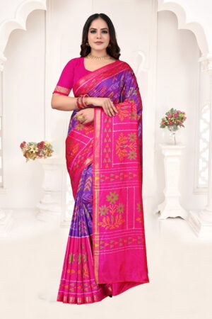 Pochampally Small Jari Border Saree in Pink & Purple with Floral Weave