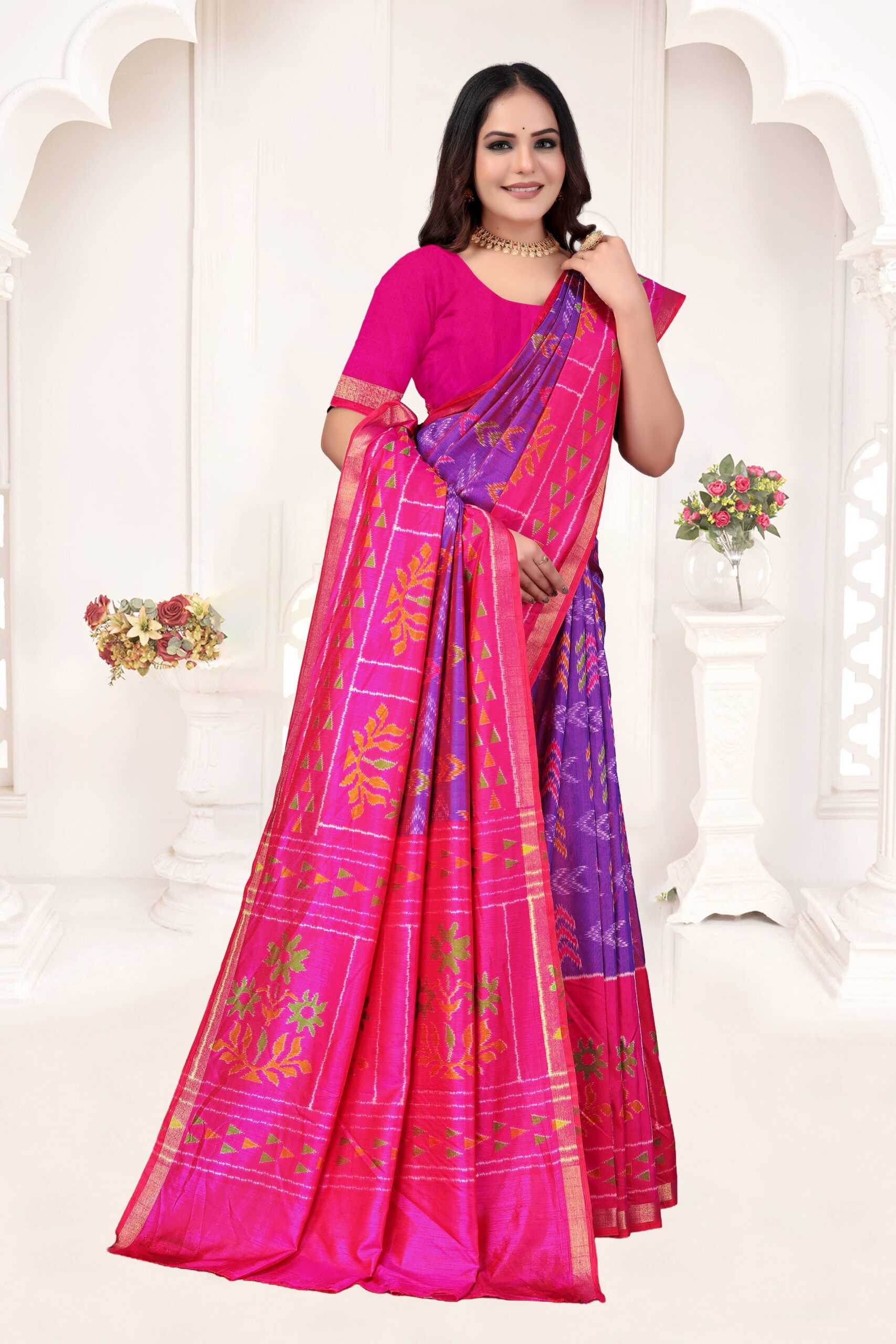 Pochampally Small Jari Border Saree in Pink & Purple with Floral Weave - Image 3