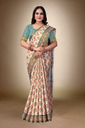 Elegant Beige Tusser Matka Silk Saree with Floral Print & Small Jari Patta Border