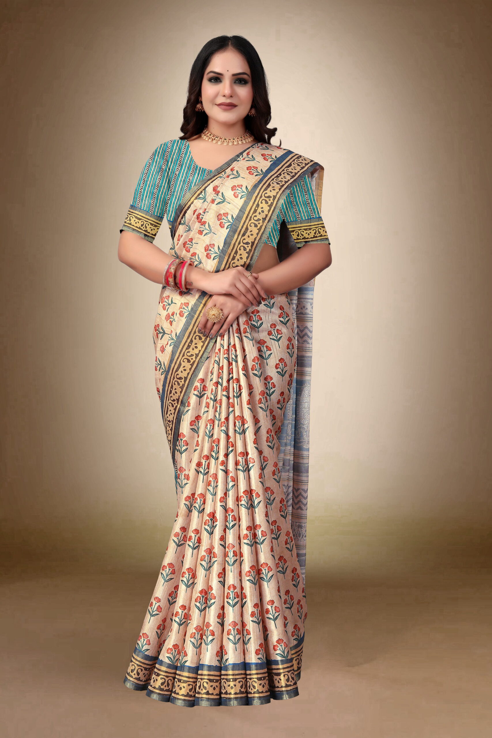 Elegant Beige Tusser Matka Silk Saree with Floral Print & Small Jari Patta Border