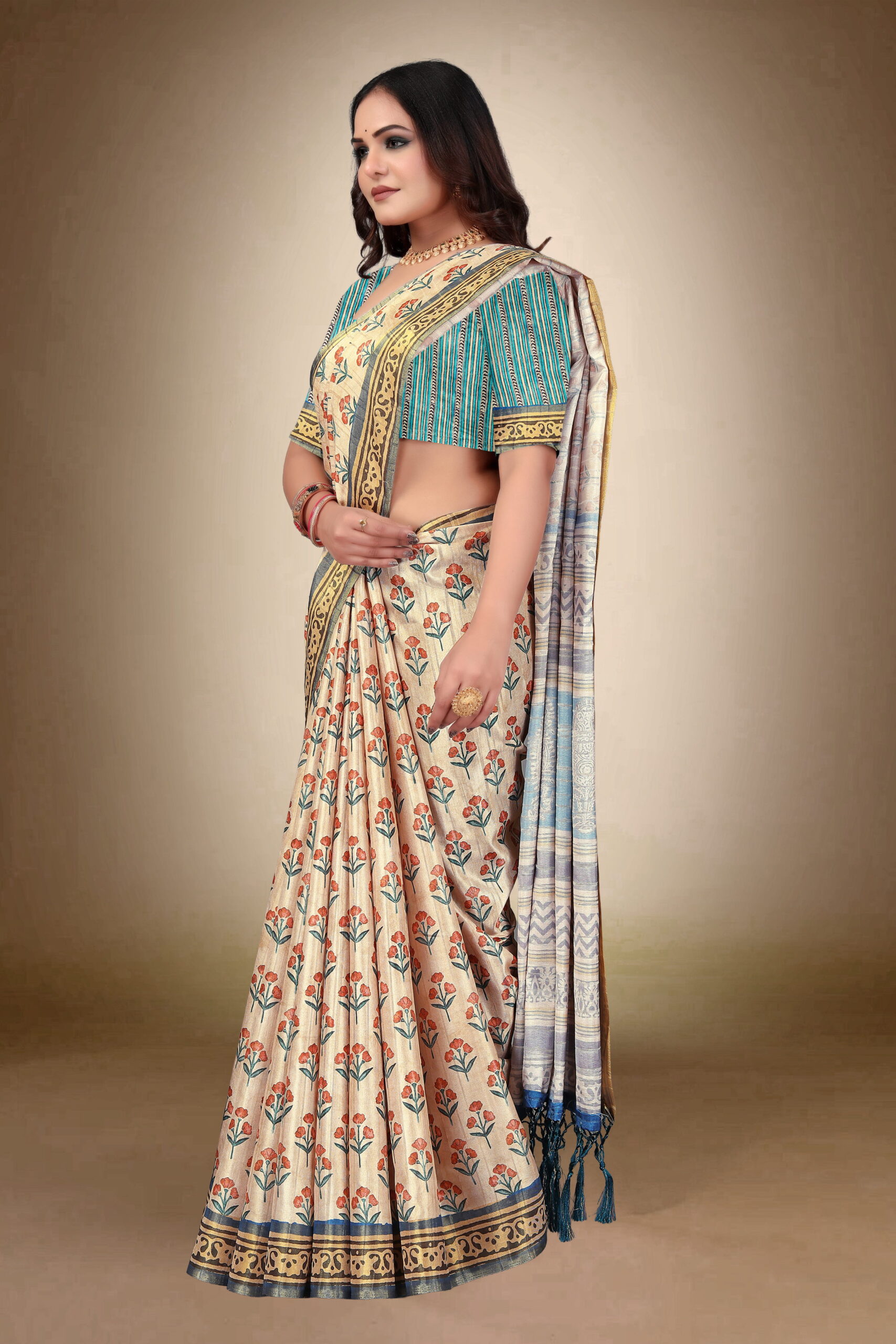 Elegant Beige Tusser Matka Silk Saree with Floral Print & Small Jari Patta Border - Image 3
