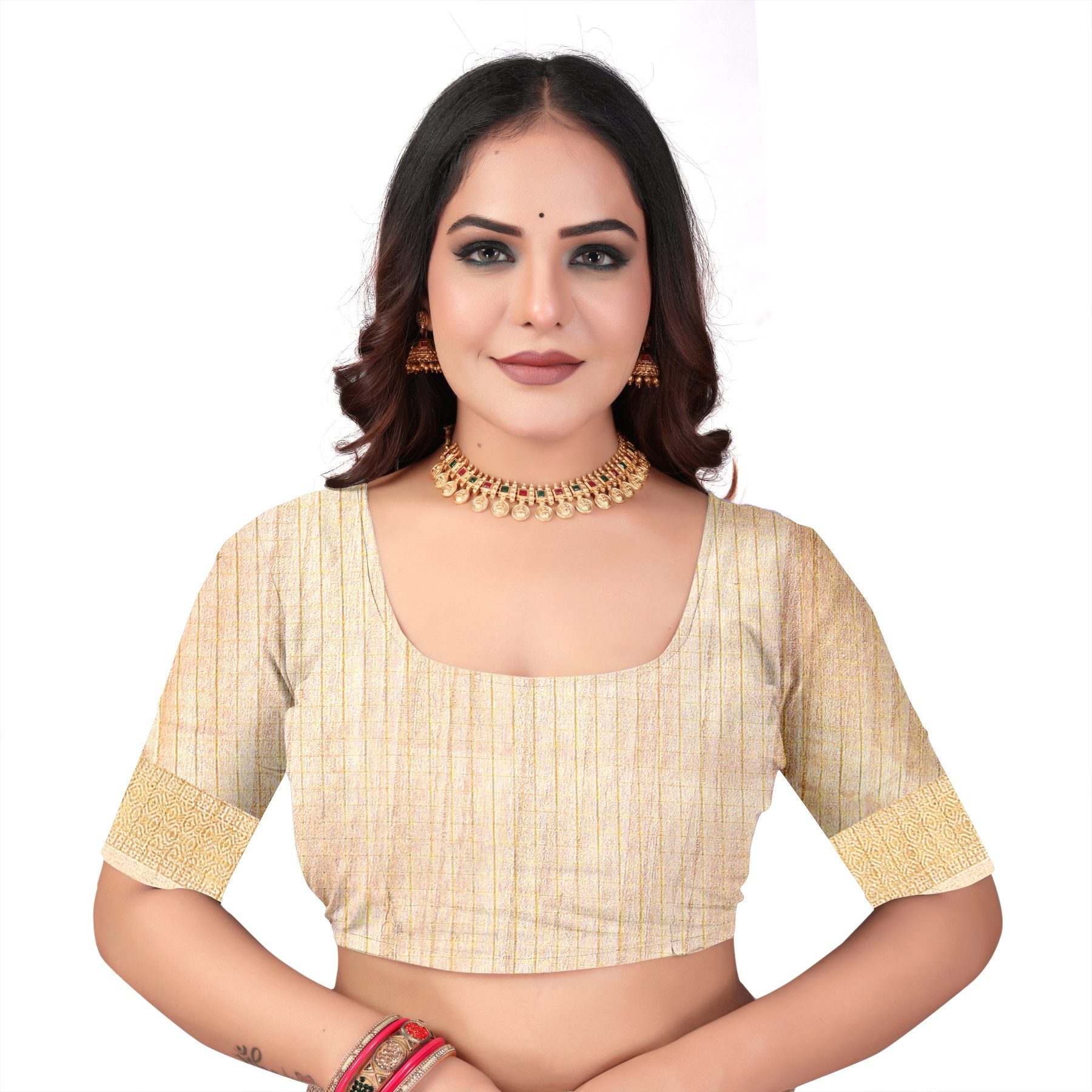 Elegant Russian Chex Saree in Beige with Kalamkari Inspired Pallu & Zari Border - Image 5