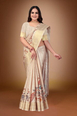 Elegant Russian Chex Saree in Beige with Kalamkari Inspired Pallu & Zari Border